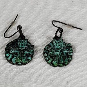 Greek Medallion Green Patina Antique Bronze Cross/Coin Dangle Earrings
